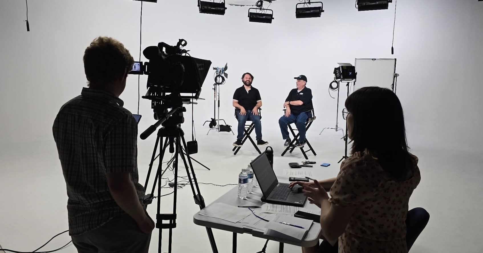 A professional interview production on the MI North Studio cyc stage